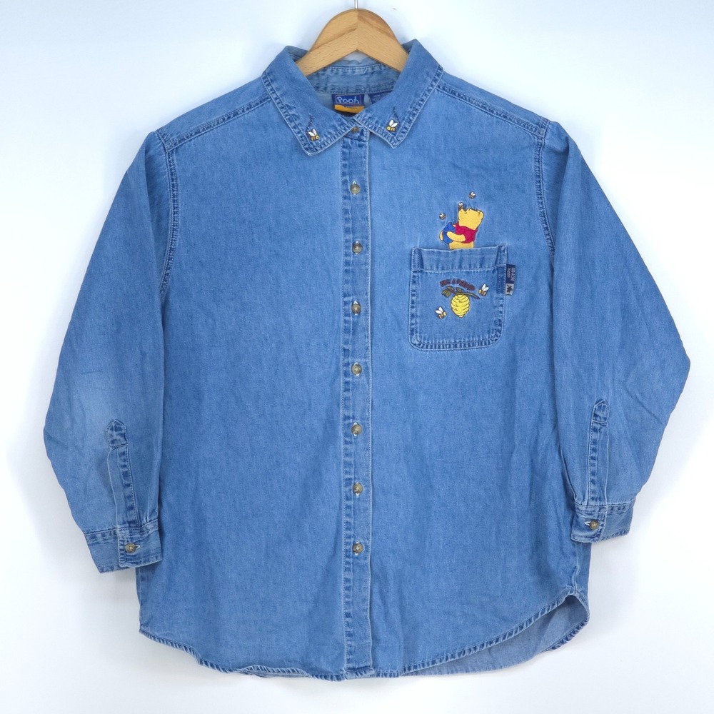 Vintage Disney Winnie the Pooh Button Up Shirt 18W 90s Y2K Mom Embroidered Denim